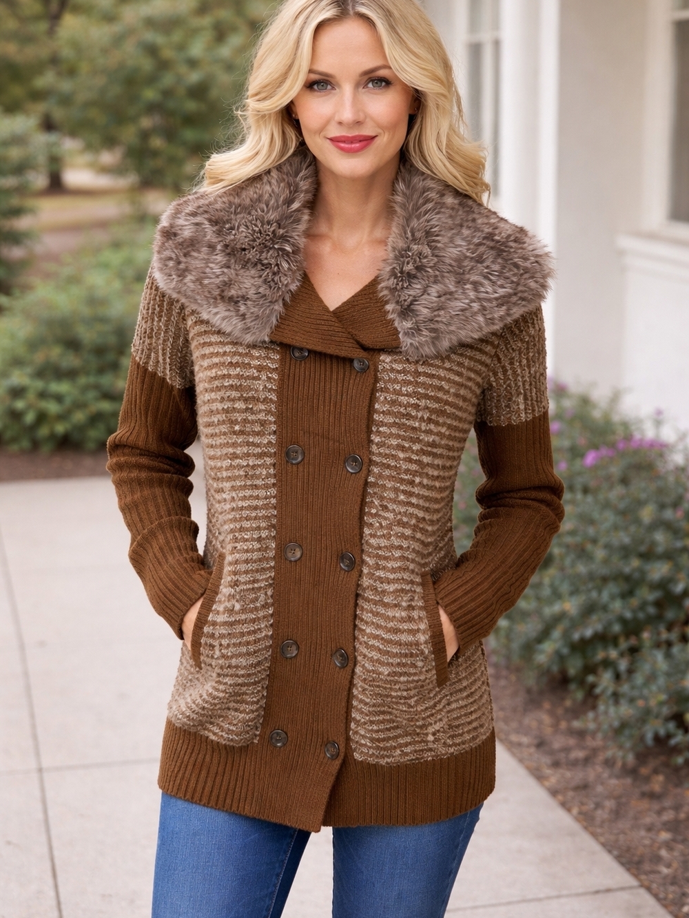 Women's Faux-Fur Collar Knit Cardigan Sweater - Brown
